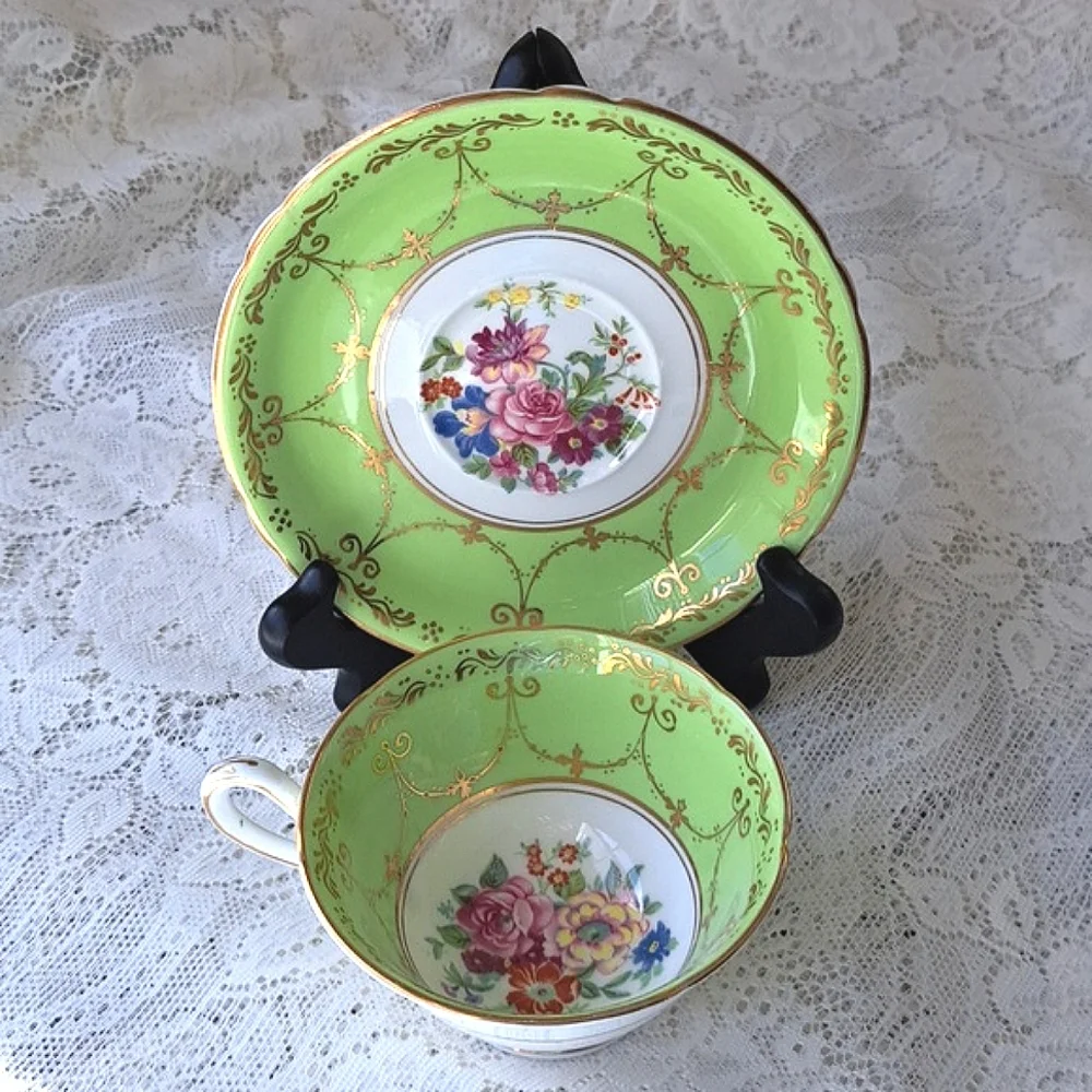 Vintage Grosvenor Jackson & Gosling Bone China Teacup Saucer Green Gold Floral
